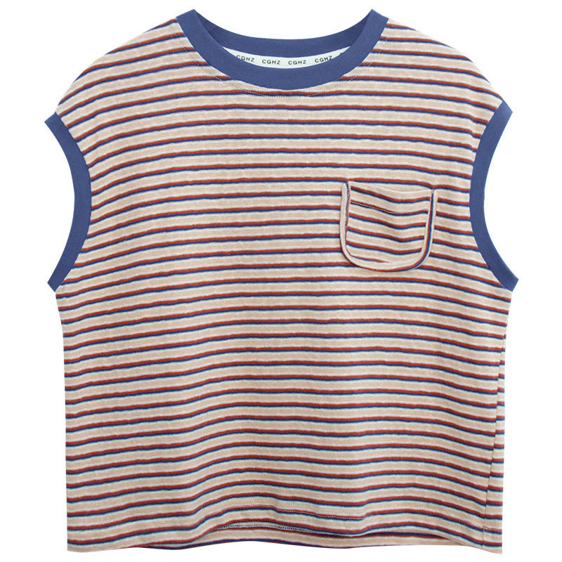 多色ボーダードロップショルダー半袖Tシャツ