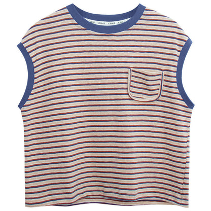 多色ボーダードロップショルダー半袖Tシャツ