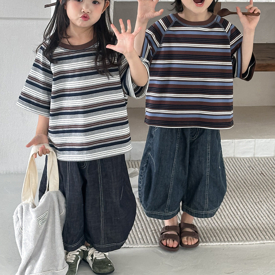 薄手ワイド七分デニムパンツ
