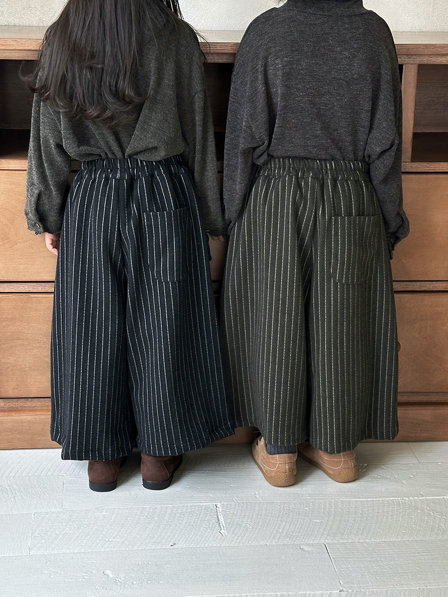 縦ストライプウール調ワイドパンツ