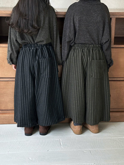 縦ストライプウール調ワイドパンツ