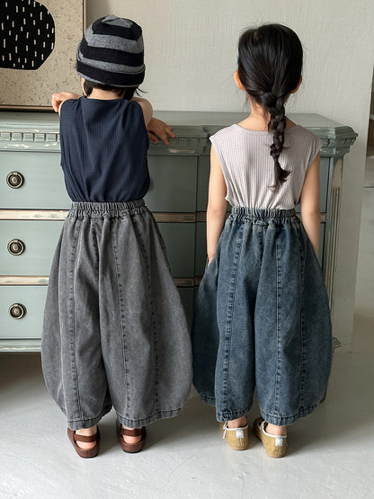 薄手デニムカーブドワイドパンツ