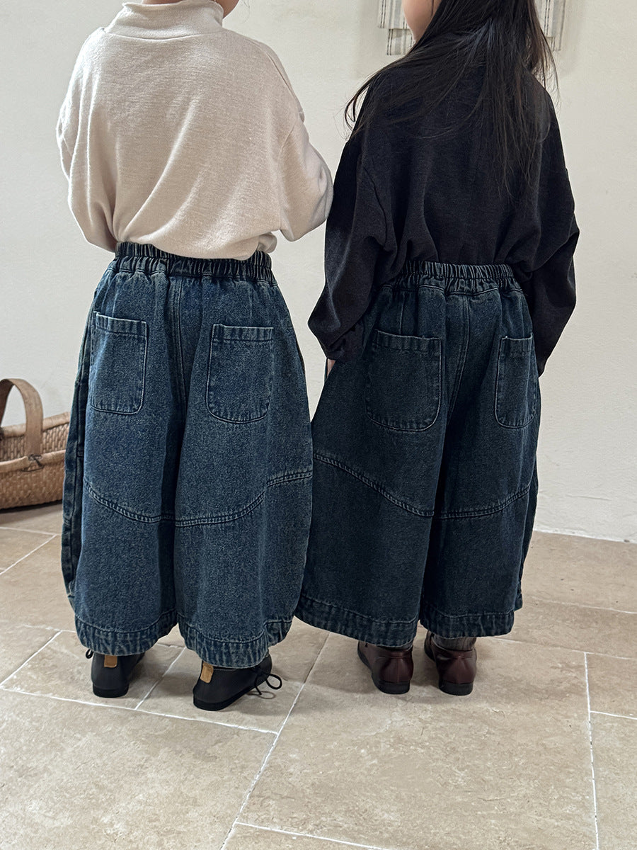 コットン混切替デニムワイドパンツ
