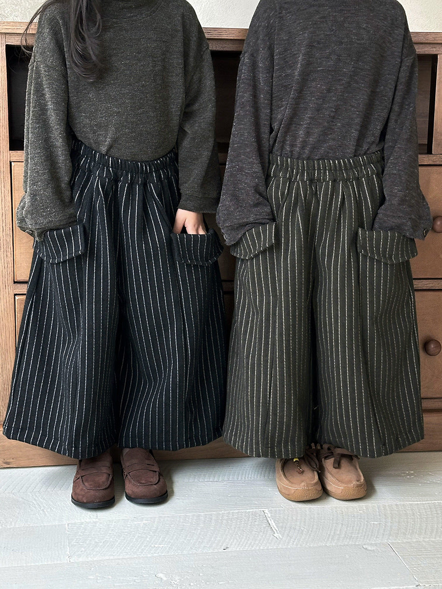 縦ストライプウール調ワイドパンツ