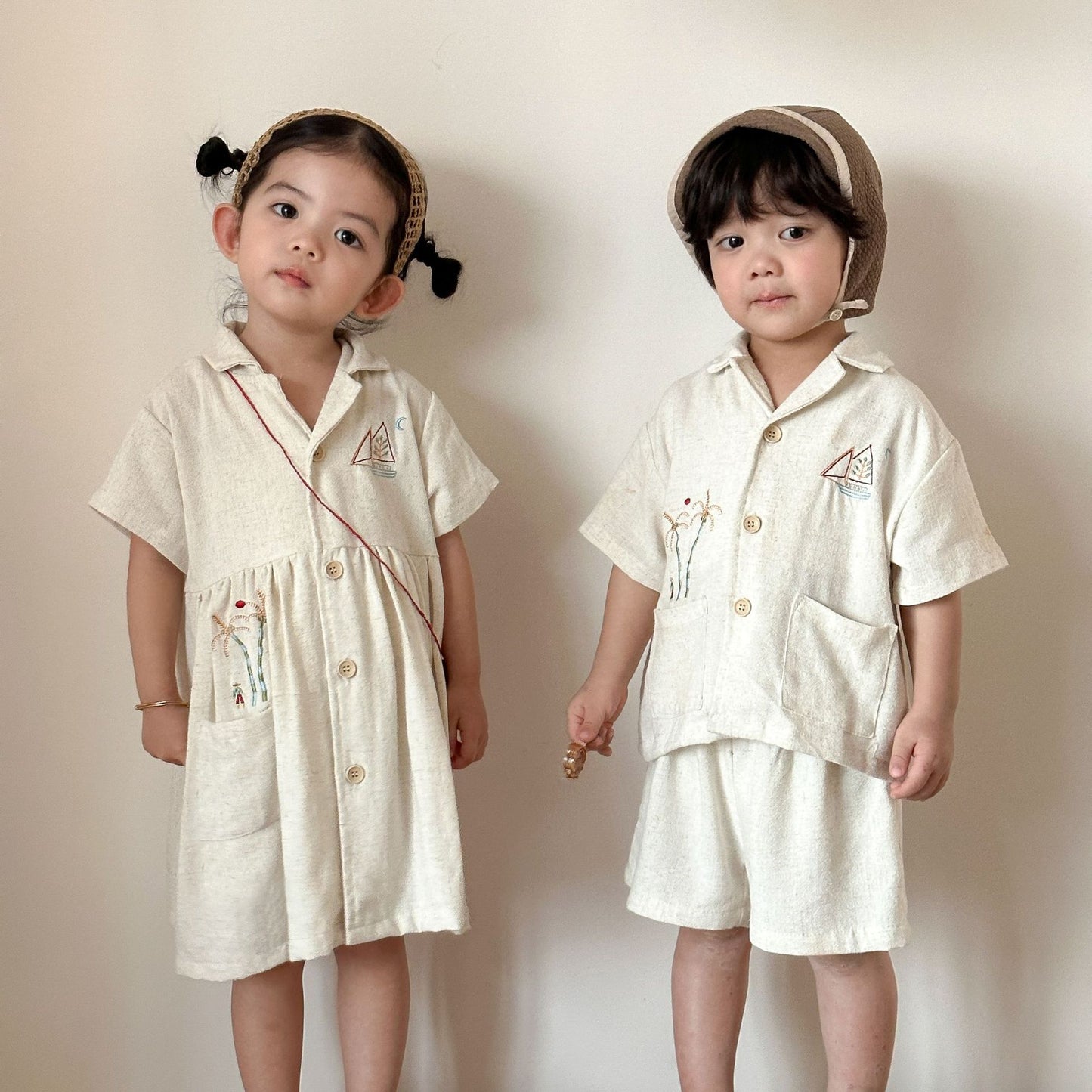 刺繍麻素材シャツセット＆ワンピース