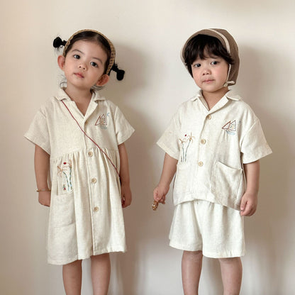 刺繍麻素材シャツセット＆ワンピース