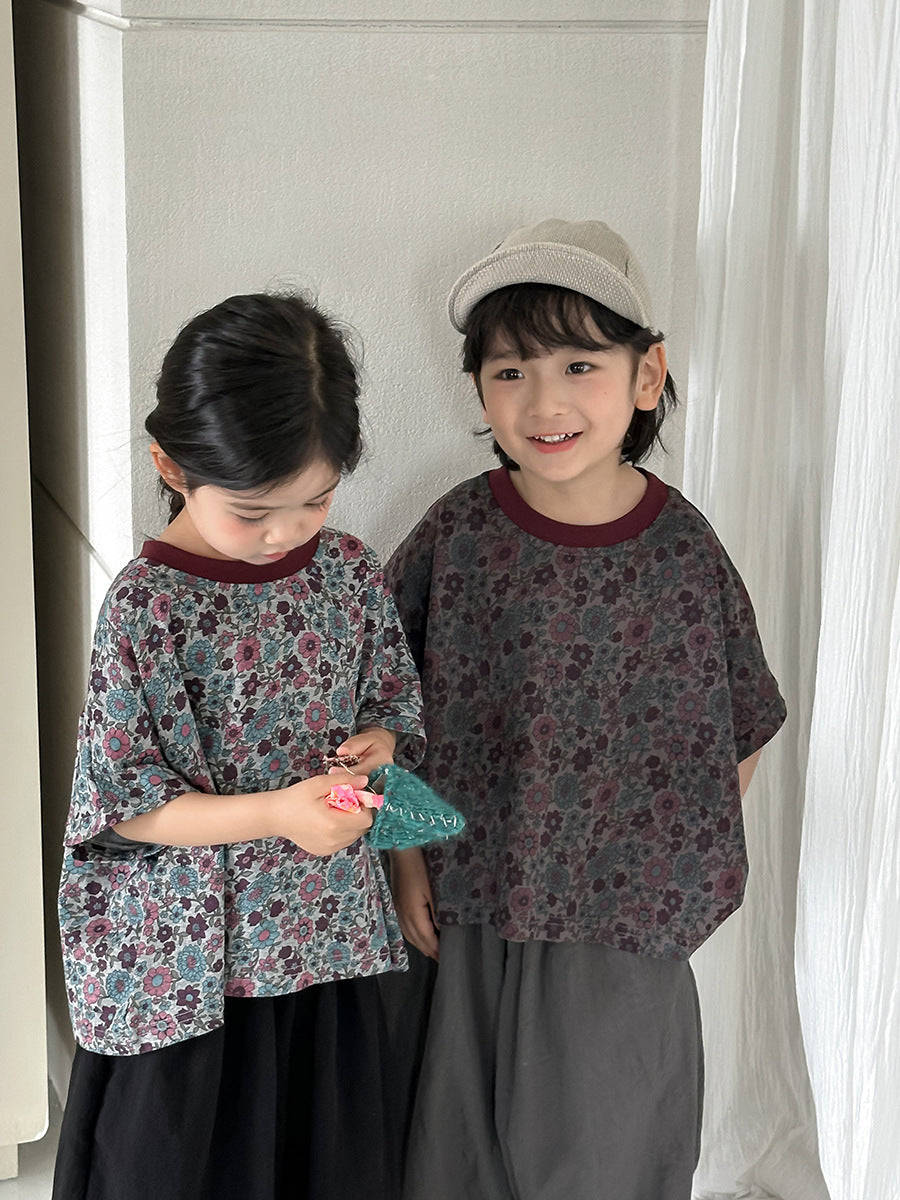 小花柄ドロップショルダー半袖Tシャツ