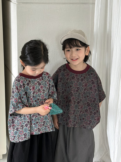 小花柄ドロップショルダー半袖Tシャツ