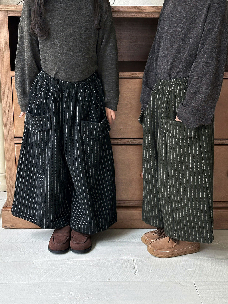 縦ストライプウール調ワイドパンツ