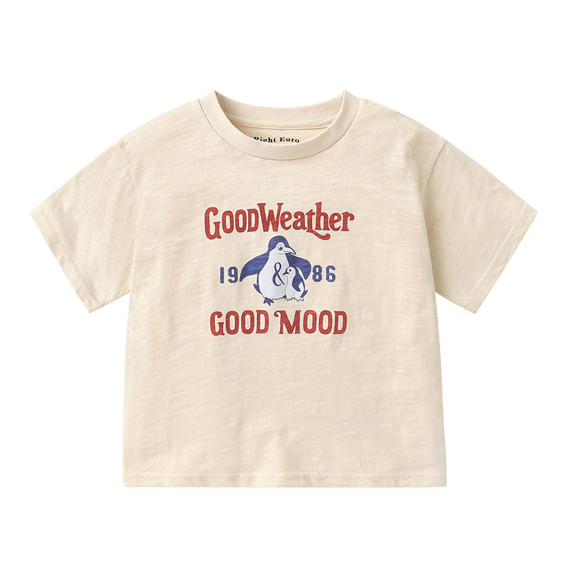 ペンギンプリント純棉半袖Tシャツ