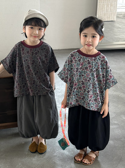 小花柄ドロップショルダー半袖Tシャツ