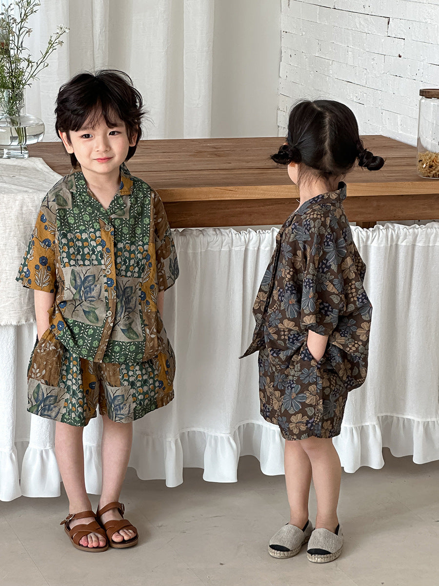 花総柄シャツとショートパンツ2点セット