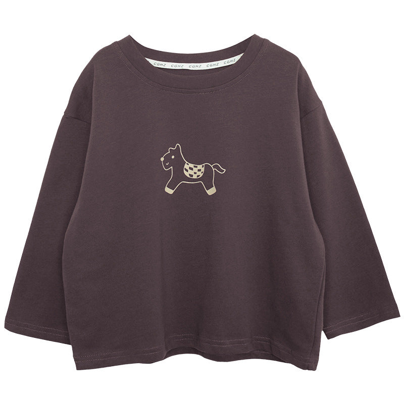 馬プリント純綿ロングTシャツ