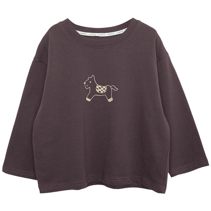 馬プリント純綿ロングTシャツ