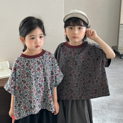 小花柄ドロップショルダー半袖Tシャツ