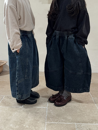 コットン混切替デニムワイドパンツ