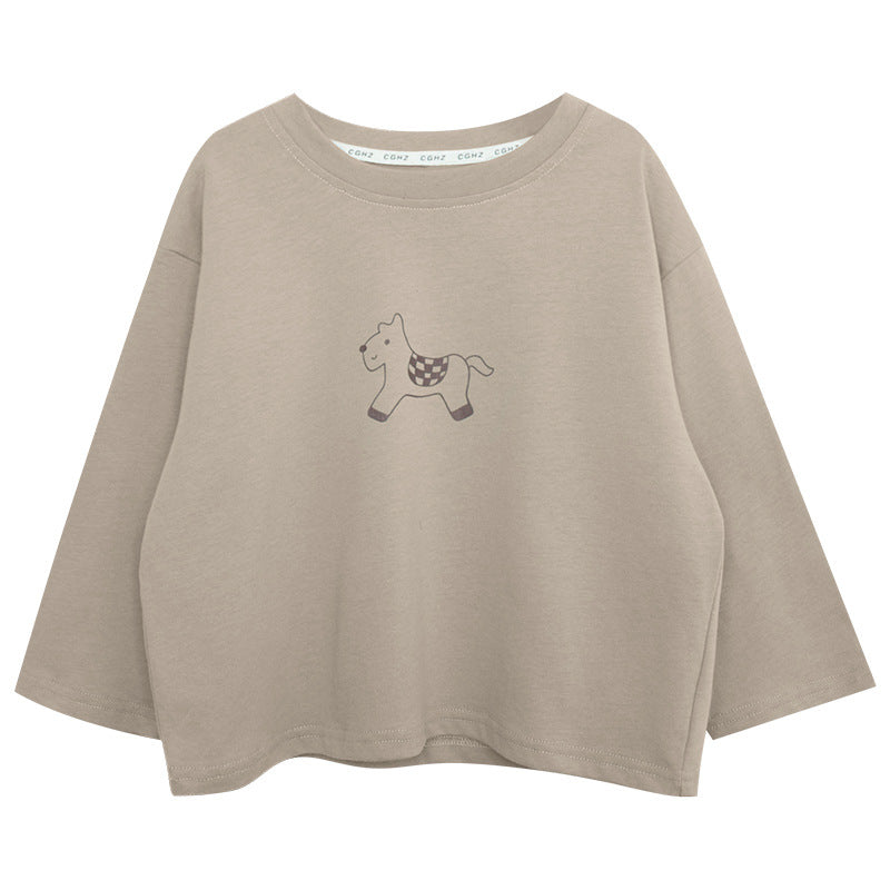 馬プリント純綿ロングTシャツ