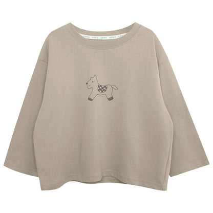 馬プリント純綿ロングTシャツ