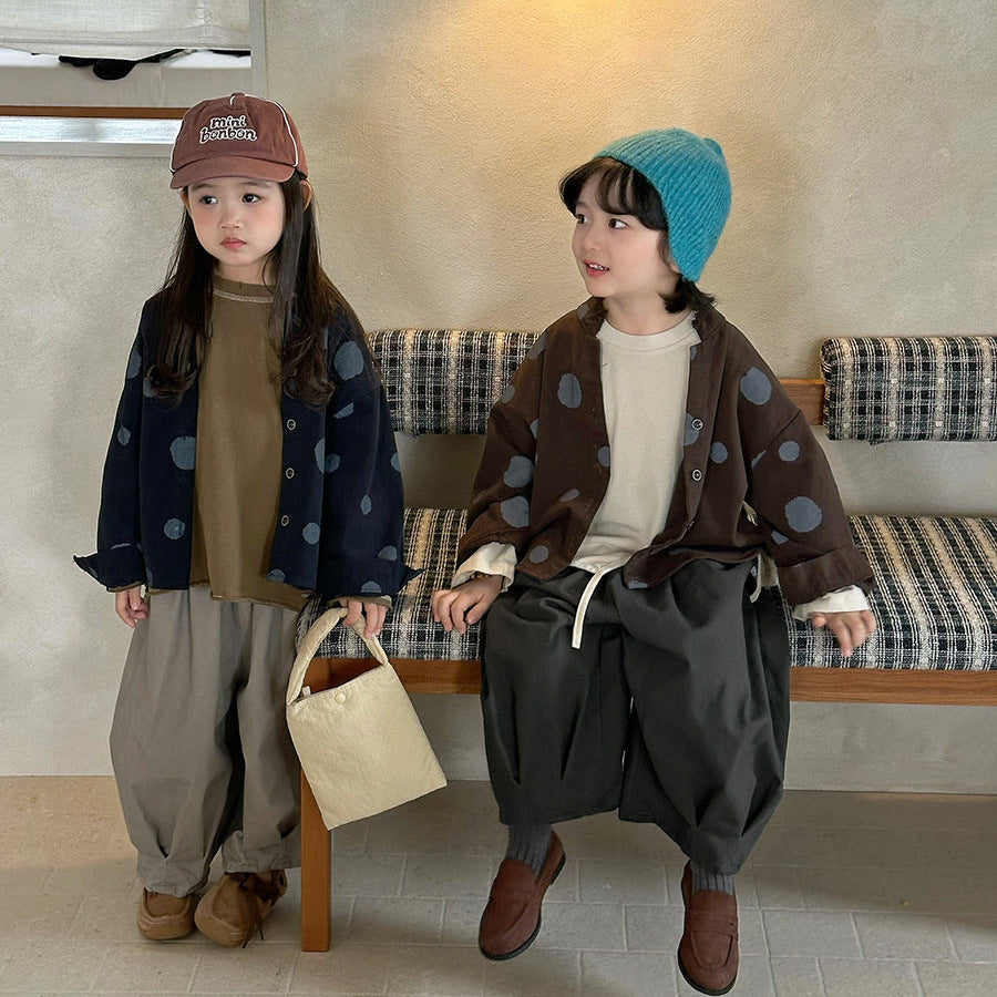 不揃いドット柄スタンドカラー長袖シャツ