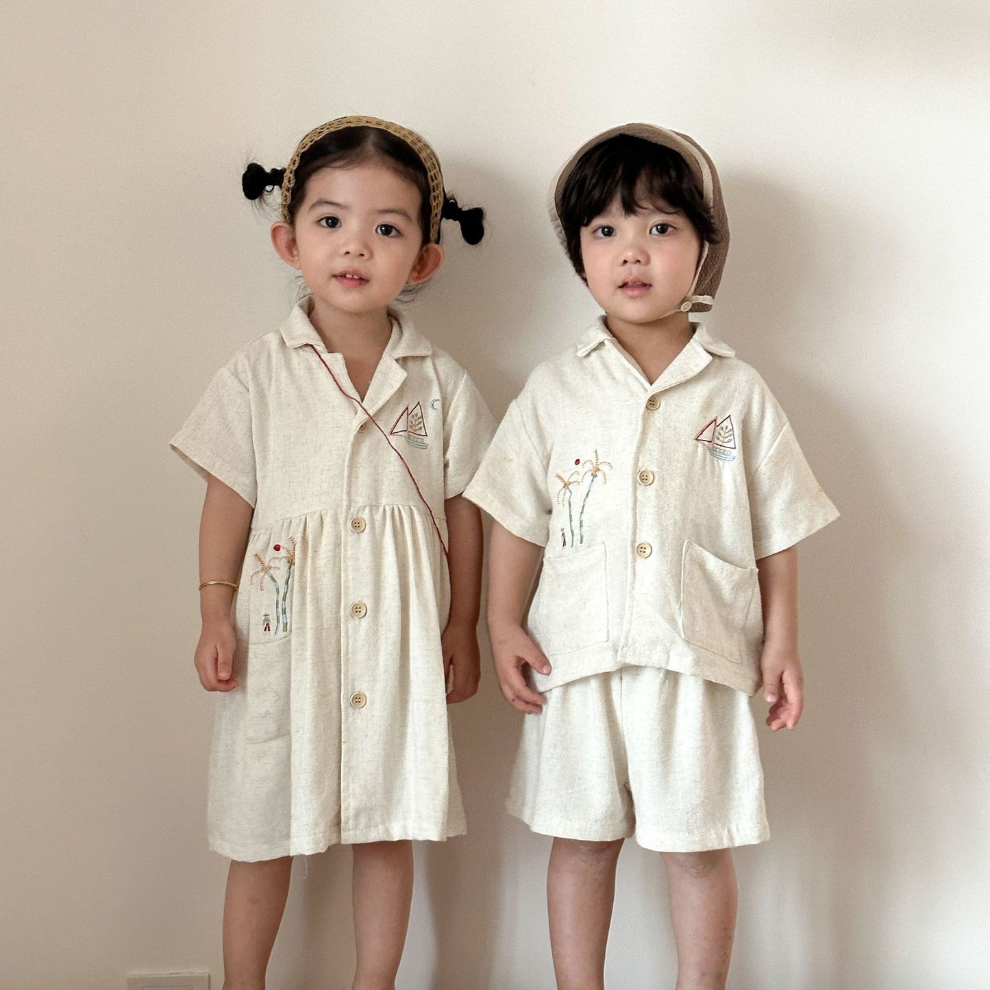 刺繍麻素材シャツセット＆ワンピース