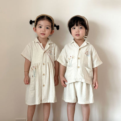刺繍麻素材シャツセット＆ワンピース