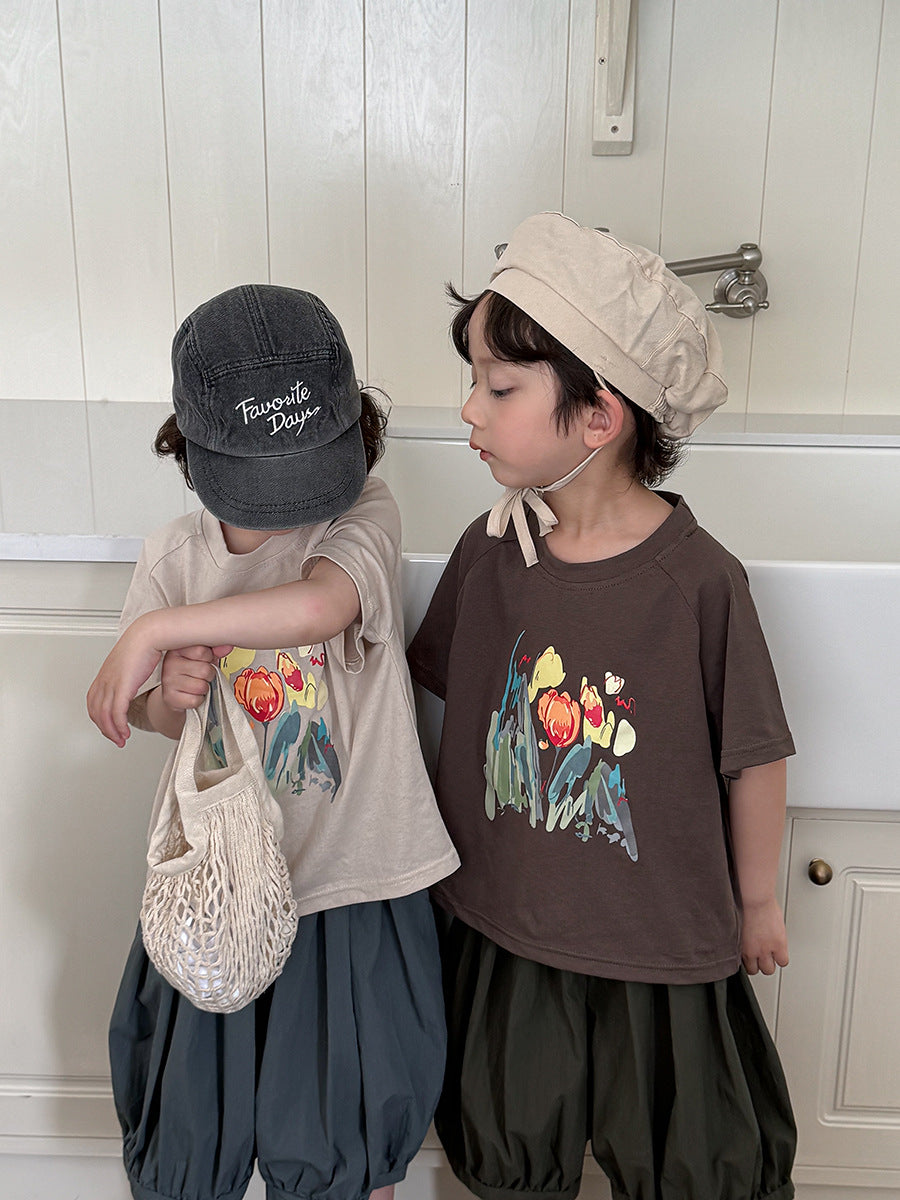 水彩画タッチブーケプリントTシャツ