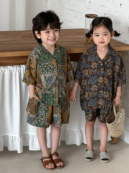 花総柄シャツとショートパンツ2点セット