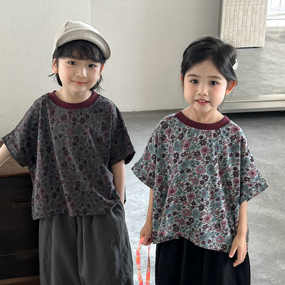 小花柄ドロップショルダー半袖Tシャツ