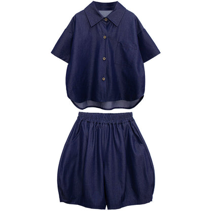 デニム風半袖シャツ＆ショートパンツ2点セット
