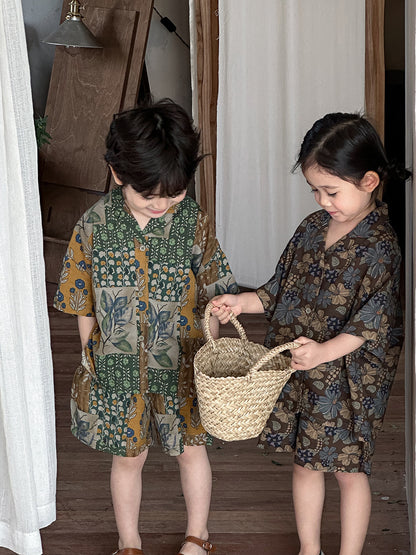 花総柄シャツとショートパンツ2点セット