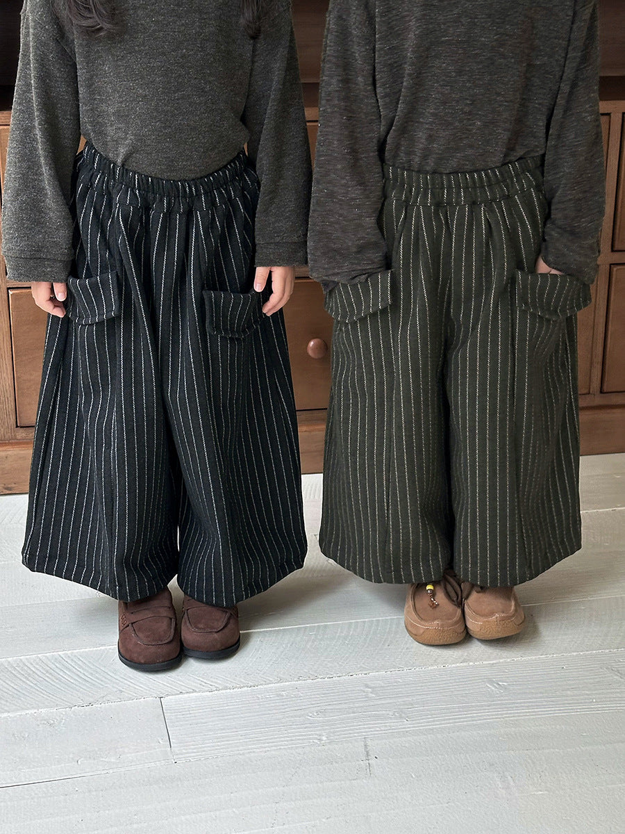 縦ストライプウール調ワイドパンツ