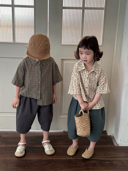 裾アシメトリーボタニカル柄シャツ