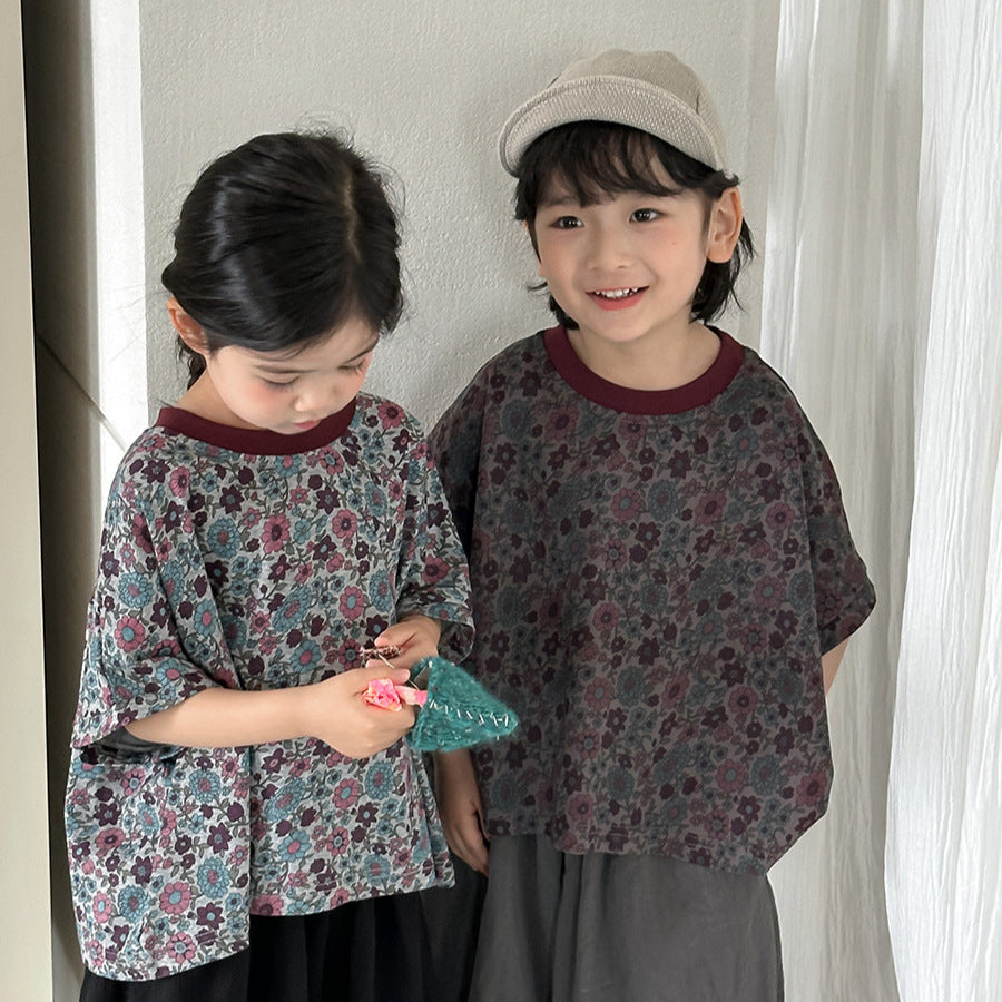 小花柄ドロップショルダー半袖Tシャツ