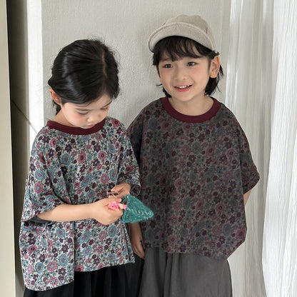 小花柄ドロップショルダー半袖Tシャツ
