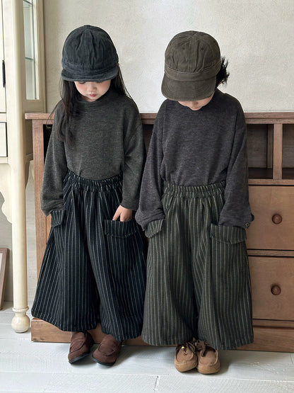 縦ストライプウール調ワイドパンツ