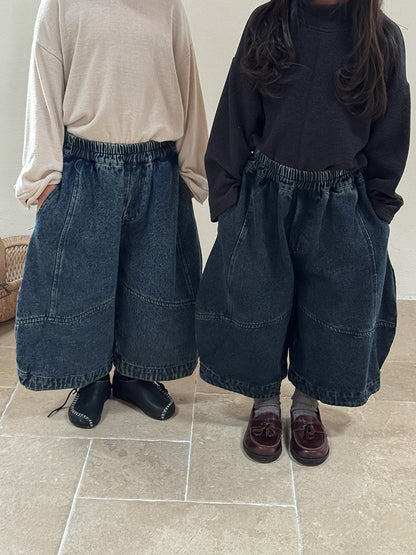 コットン混切替デニムワイドパンツ