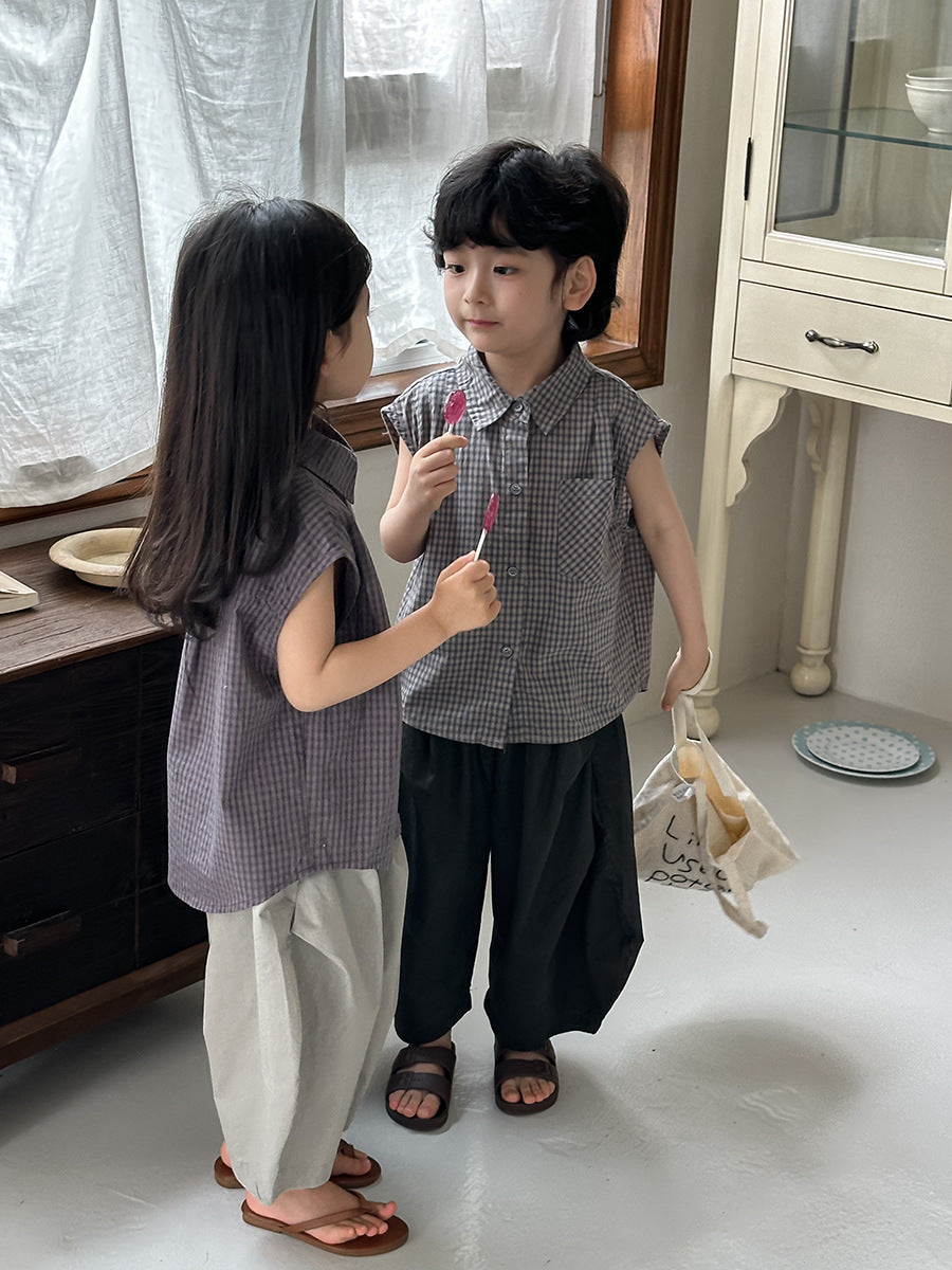 細かチェックノースリーブシャツ