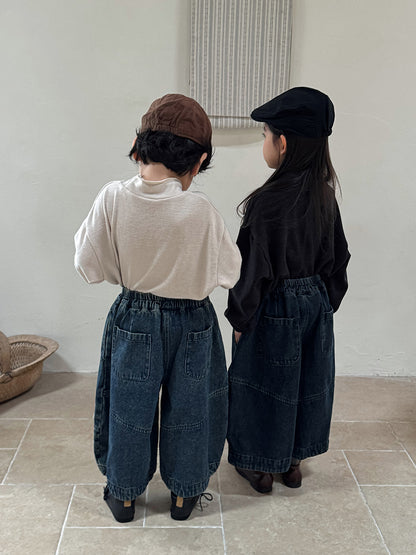 コットン混切替デニムワイドパンツ
