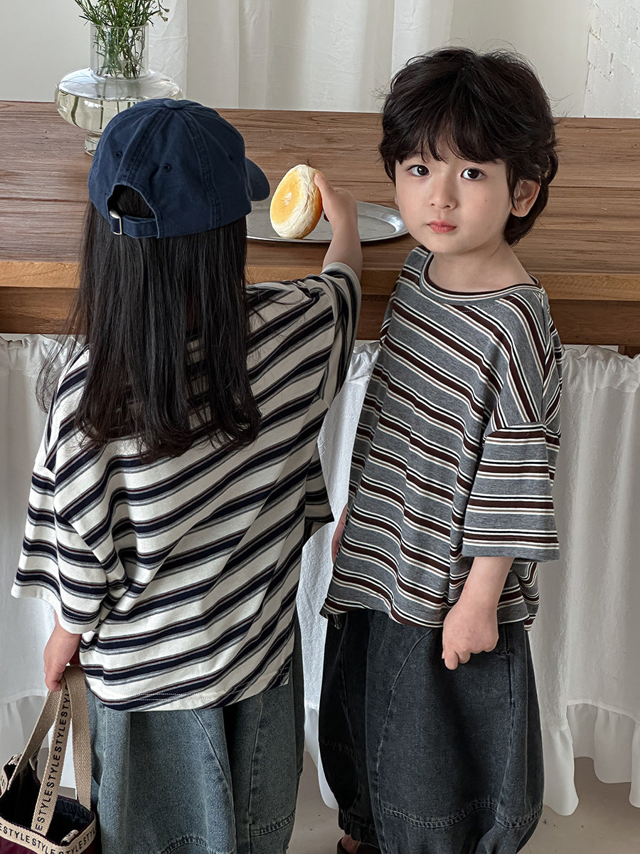 裾アシンメトリーボーダー柄Tシャツ