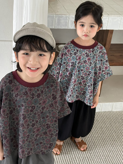 小花柄ドロップショルダー半袖Tシャツ