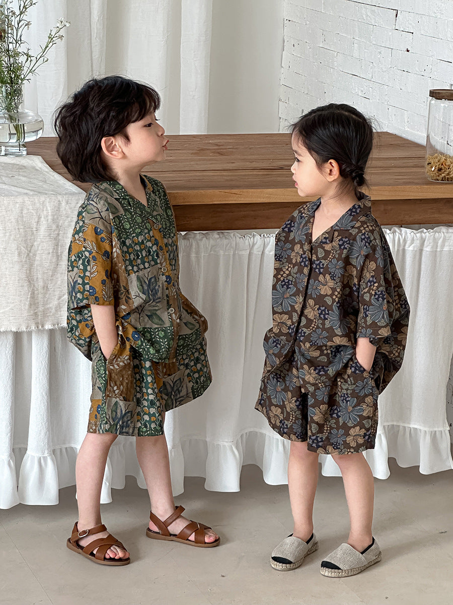 花総柄シャツとショートパンツ2点セット