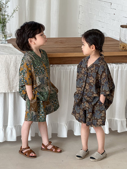 花総柄シャツとショートパンツ2点セット