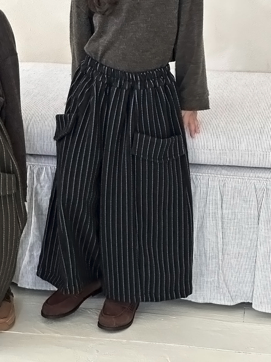 縦ストライプウール調ワイドパンツ