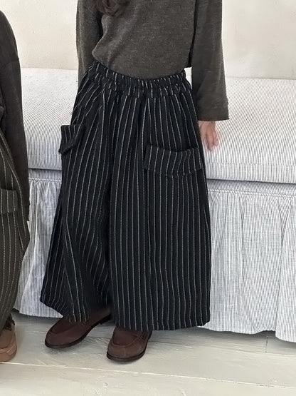 縦ストライプウール調ワイドパンツ