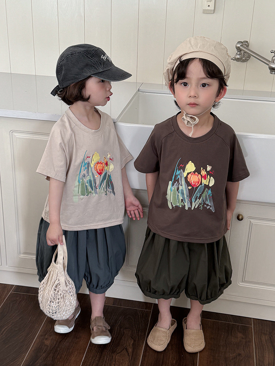 水彩画タッチブーケプリントTシャツ