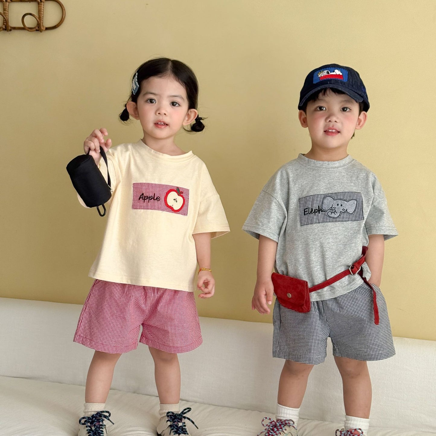細チェック半袖Tシャツ＆ショートパンツセット