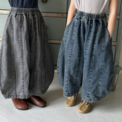 薄手デニムカーブドワイドパンツ