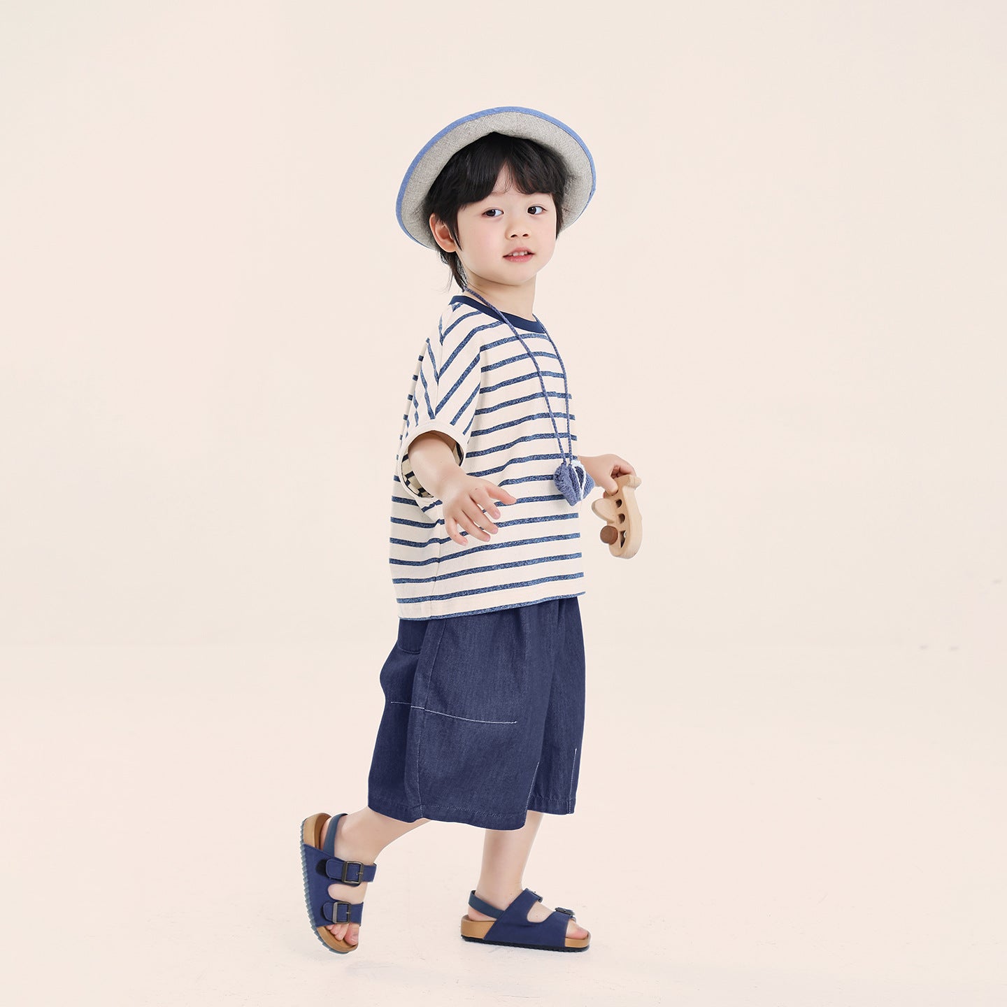 バットスリーブボーダー柄コットン半袖T