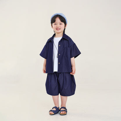 デニム風半袖シャツ＆ショートパンツ2点セット