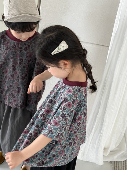 小花柄ドロップショルダー半袖Tシャツ